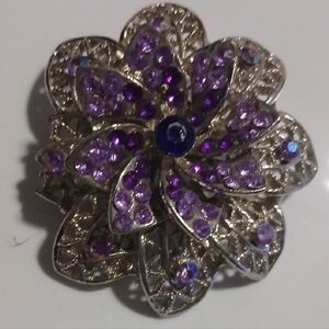 Vintage 3D Silver and Purple Gemstone Floral Brooch Pin Lapel 2"